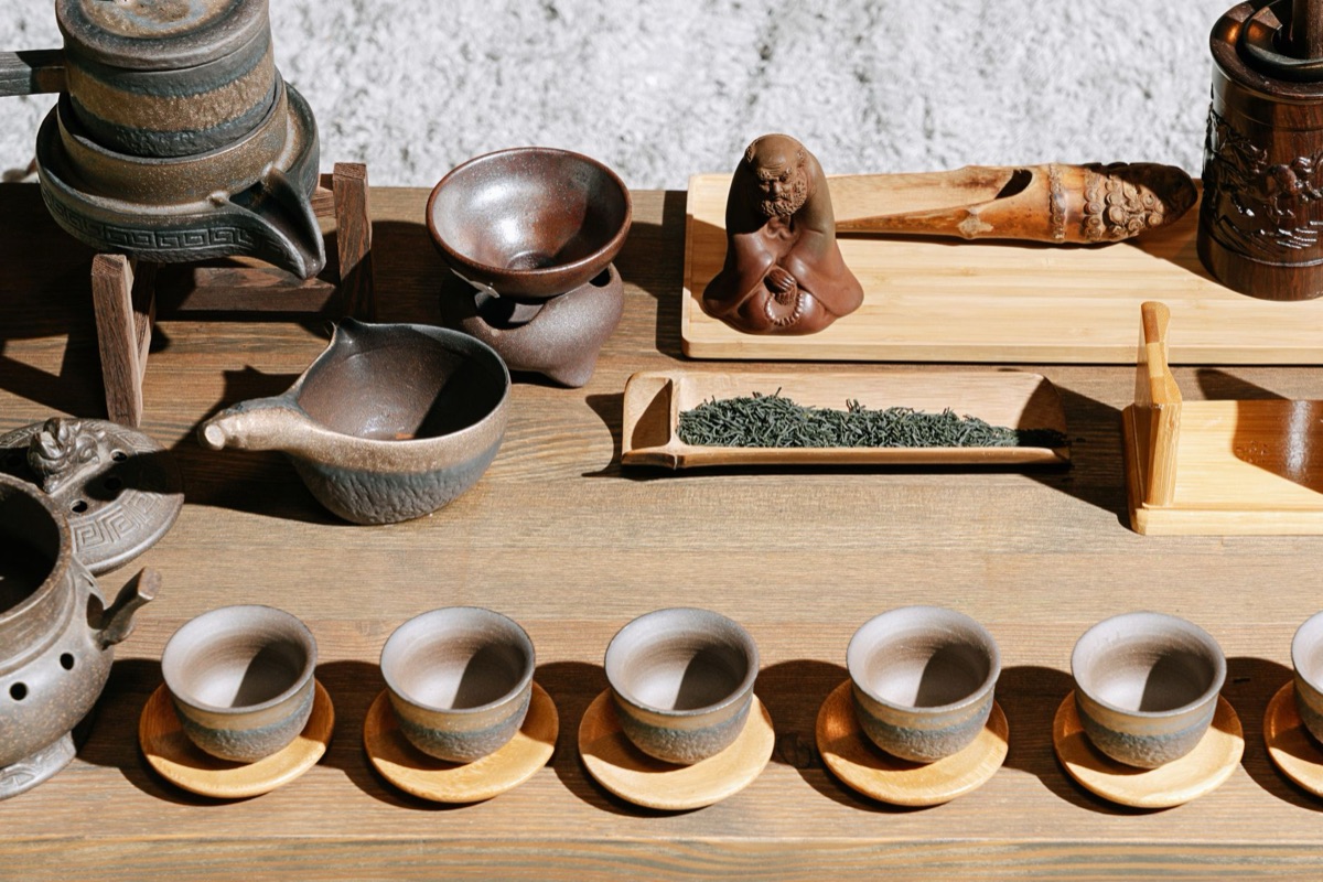 Tea ceremony utensils in a traditional Japanese setting