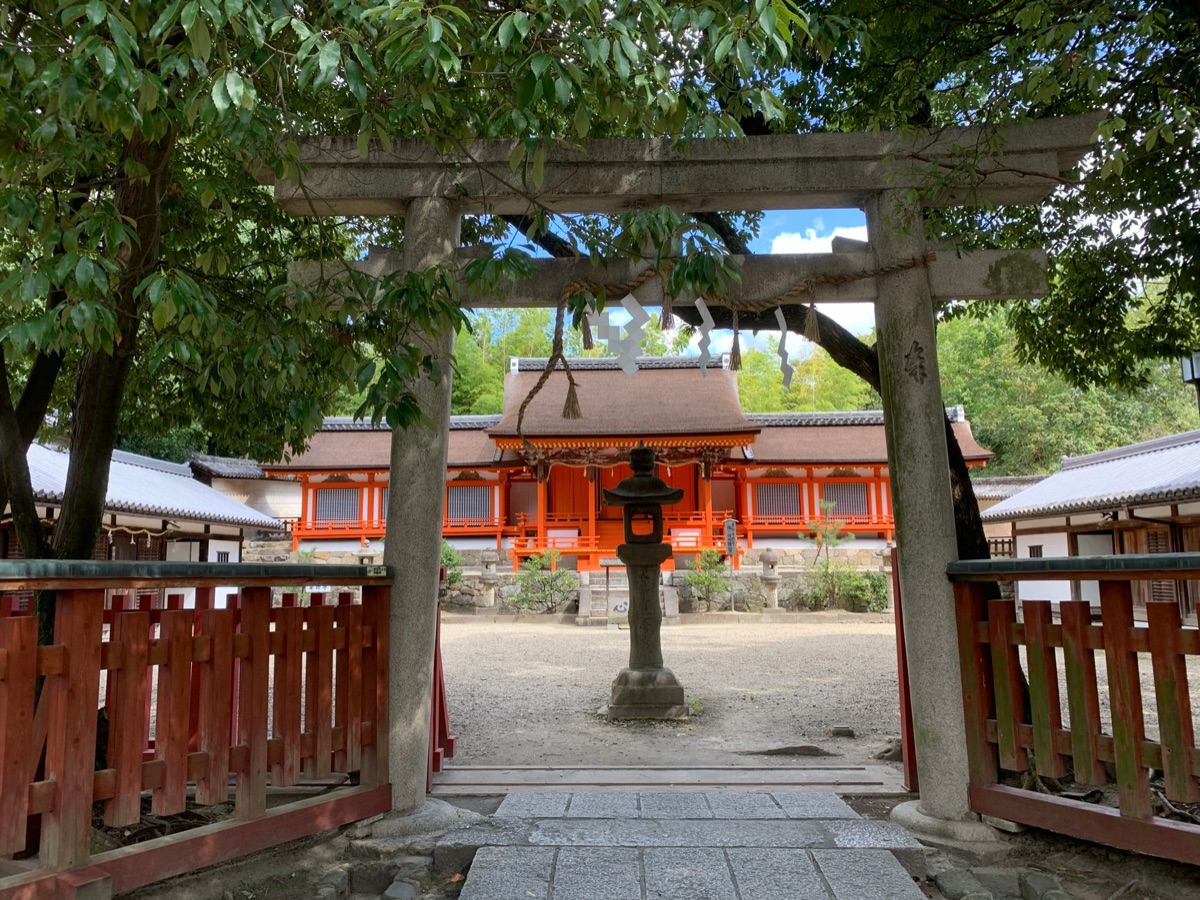 Traditional Japanese shrine with a red gate