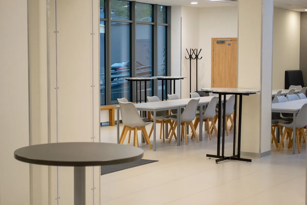 warsaw, the kozminski university, tables, chairs, canteen, expectation, students, empty, clean, campus, the science, education, institute, university, college,