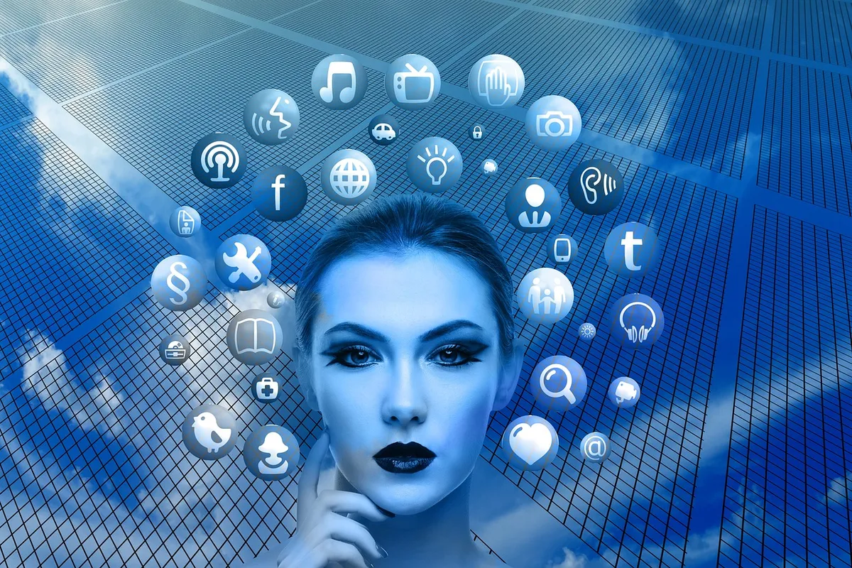 woman, face, social media, thoughts, head, applications, apps, social media applications, icons, circle, tree, networks, nature, internet, social, social networ