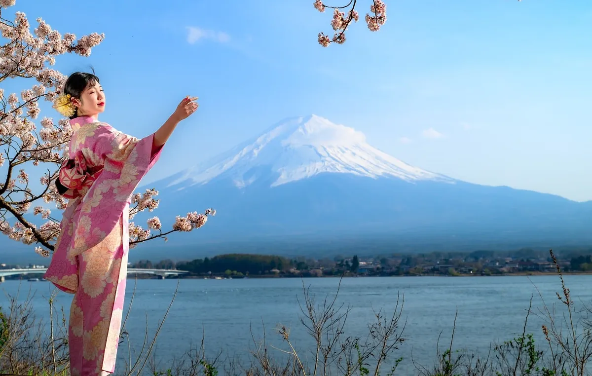 富士山、日本、桜、春、風景、女の子、振袖、山、河口、湖、桜、伝統、文化、自然、青い空、晴朗、空、青、日本